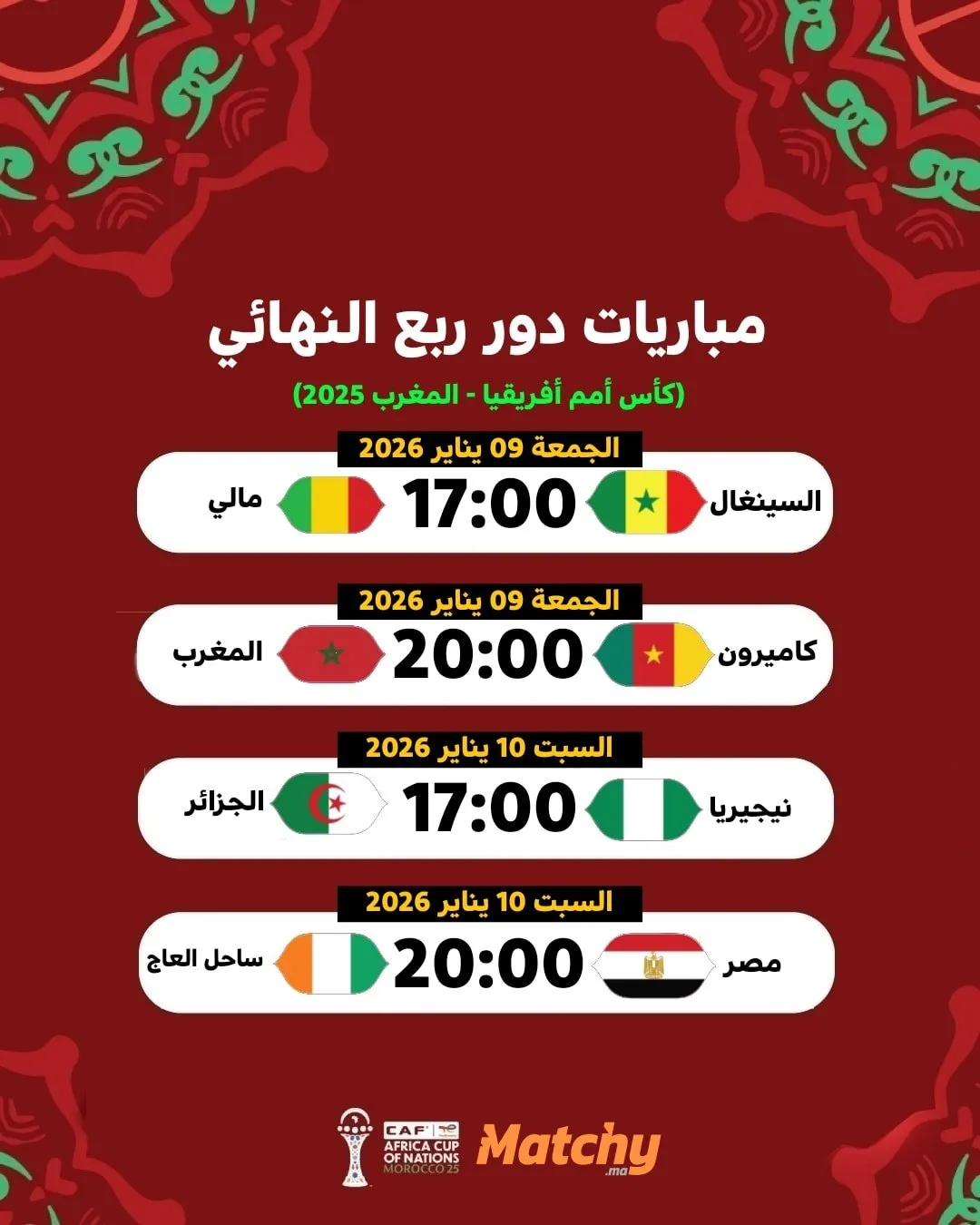 🏆 Quarts de finale CAN 2025 au Maroc : dates, matchs, stades et villes hôtes